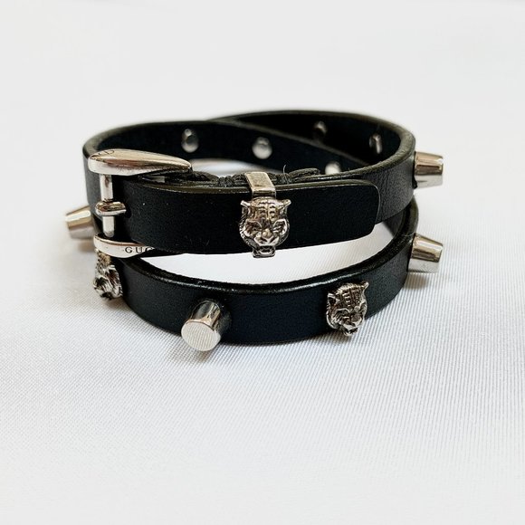 Gucci Studded Feline Head Leather Wrap Bracelet in - Picture 1 of 8